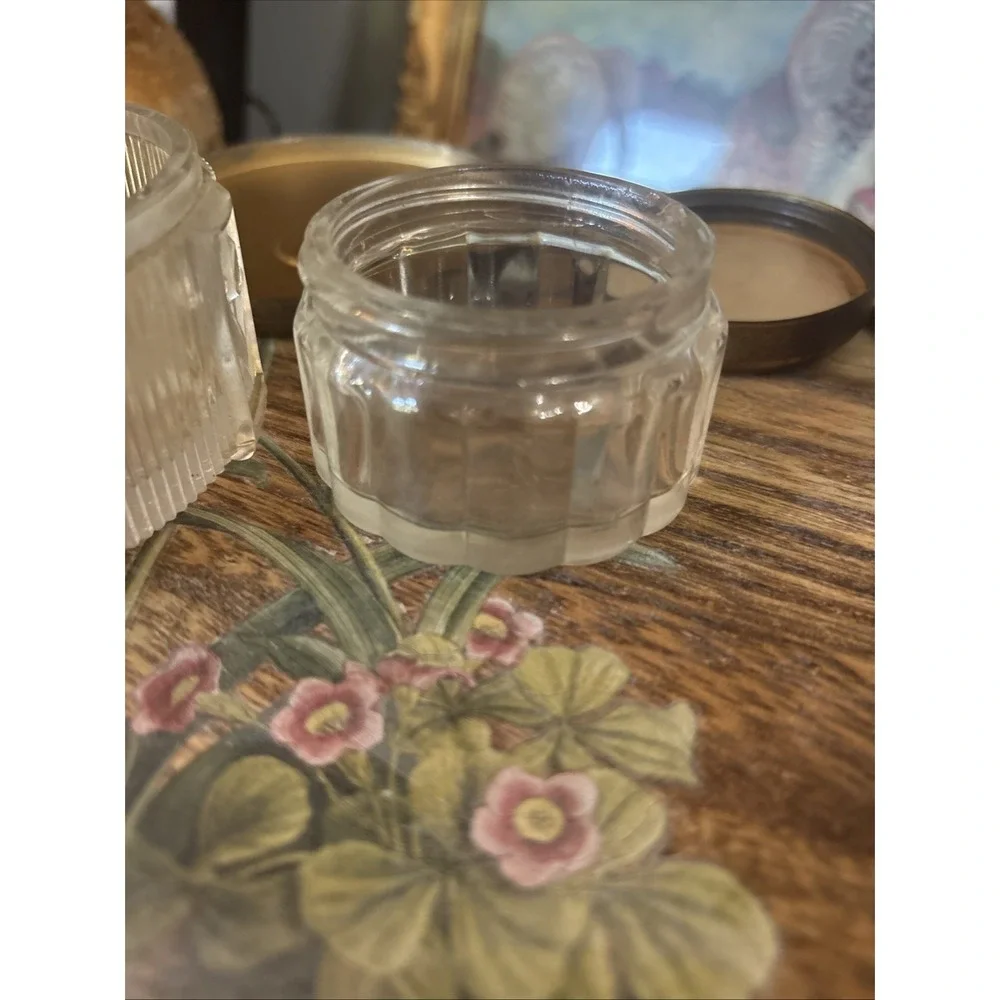 Vtg 2pc Art Deco Glass Vanity Jar Set w/ Floral Celluloid Lids 1940s/50s
